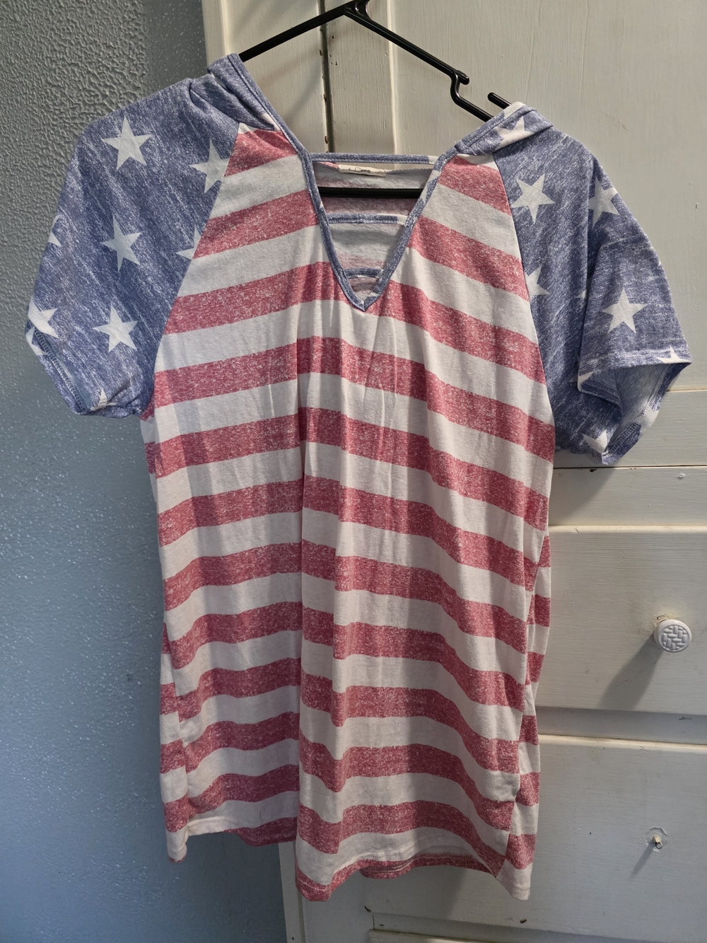 Women’s Flag-Print Hooded Short-Sleeve Top - Red, White & Blue